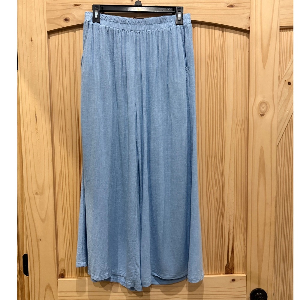 Zenana Women Light Blue Wide Leg Elastic Waist Pocket Pants QPL-7321Y Large